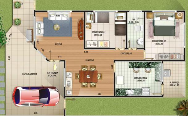 planos de casas 1 piso 2 dormitorios gratis