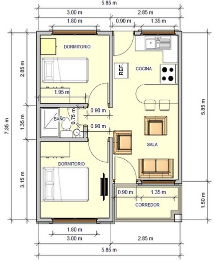 plano de casa de 2 dormitorios plano de 1 piso