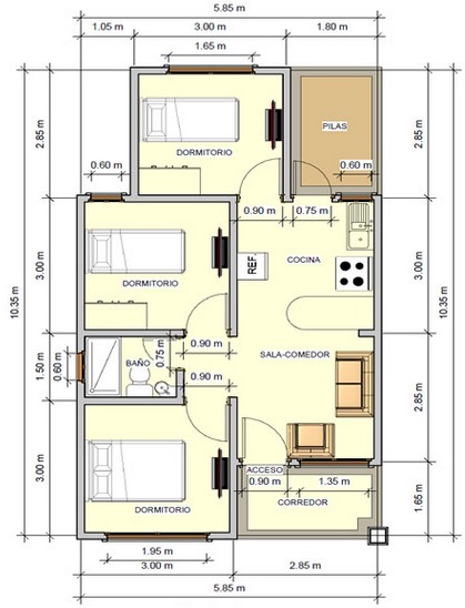 plano de casa tres dormitorios un piso
