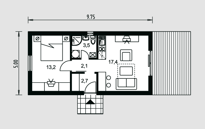 plano de casa moderna de 1 dormitorio 1 piso 1 bano con piscina