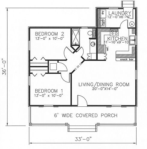 plano de casa acogedora simple de 2 dormitorios