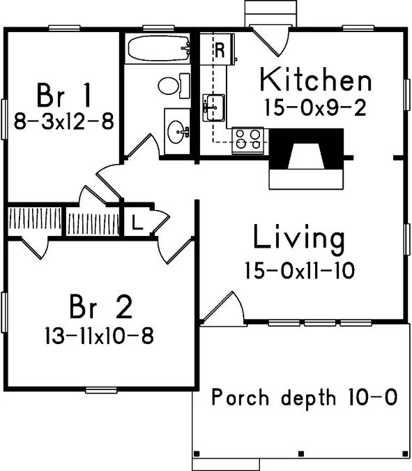 plano de casa de 2 dormitorios
