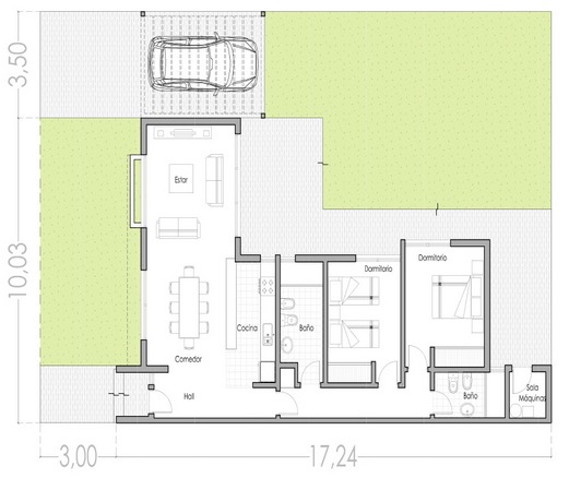 plano de vivienda moderna con 2 dormitorios