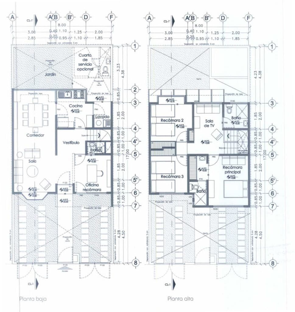Plano de casa habitación dos niveles 4 habitaciones