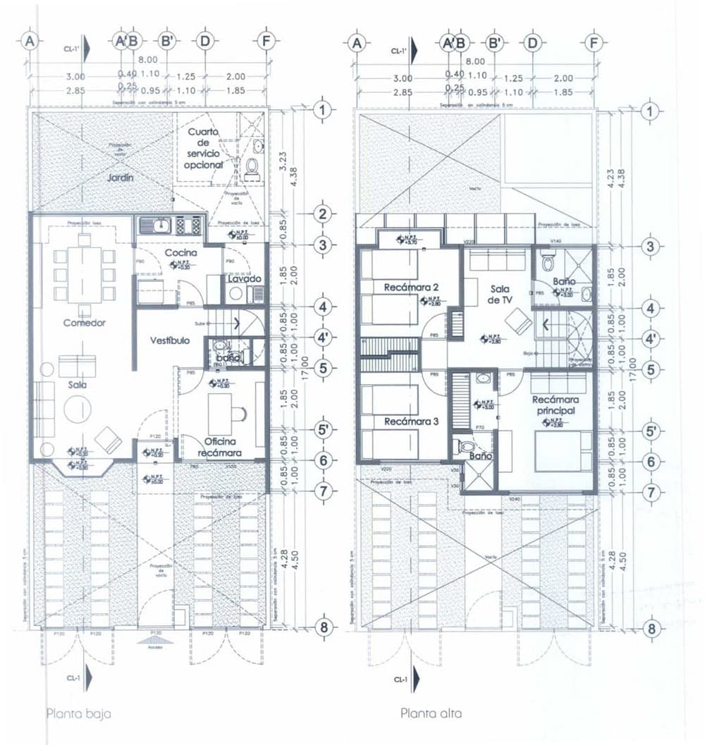 Plano de casa habitación dos niveles 4 habitaciones