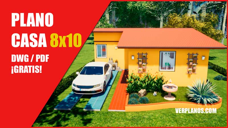 Plano de casa económica de 1 piso y 3 habitaciones con 2 baños