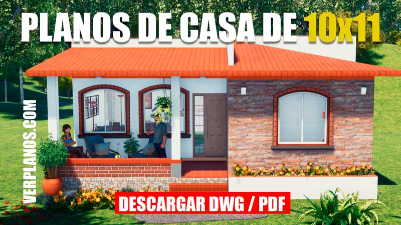 Plano de casa económica de 1 nivel y 2 habitaciones (DWG & PDF)