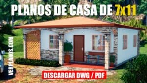 Plano de casa de 1 piso con 2 habitaciones y 1 baño (Descargar DWG y PDF)