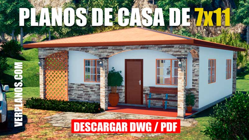 Plano de casa de 1 piso con 2 habitaciones y 1 baño (Descargar DWG y PDF)