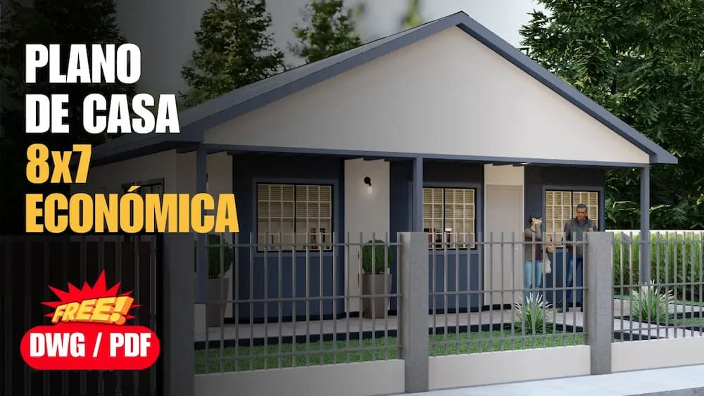 Plano de casa económica de 8×7 metros con desayunador y porche frontal