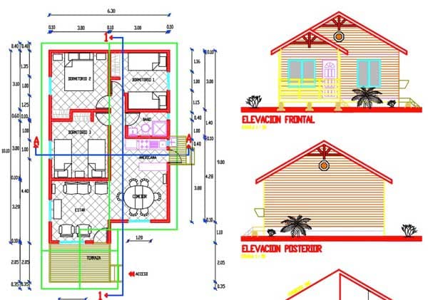 Plano en Autocad de una Cabaña de 60m2