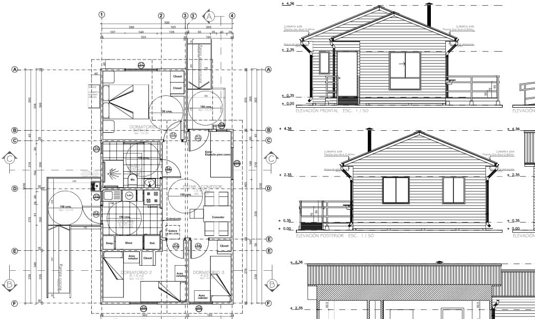 Plano de casa de 55m2 con 3 dormitorios
