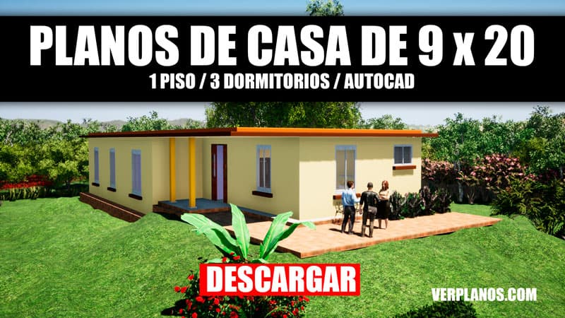 Plano de casa de 9 x 20 metros con 3 dormitorios