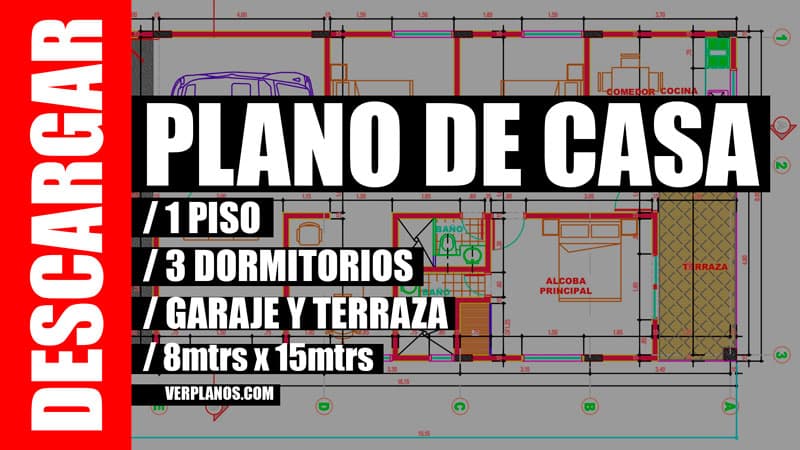 Plano de casa de 3 dormitorios 1 piso con garaje