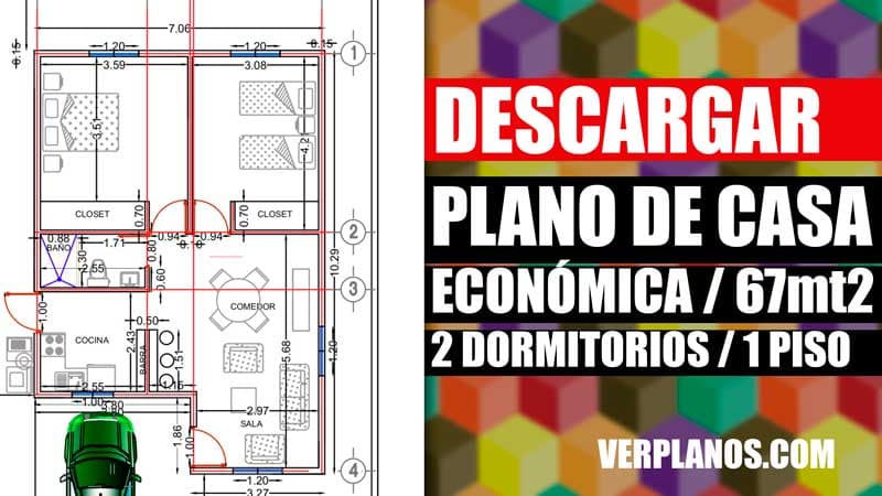 Plano de casa económica de 2 dormitorios con medidas