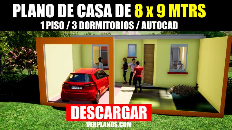 Plano de casa de 3 dormitorios de 72m2 con medidas