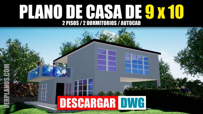 Plano de casa de 9 x 10 metros de 2 pisos en AutoCAD con Medidas
