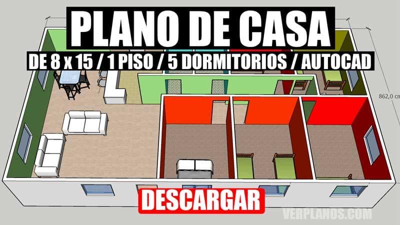 Plano de casa simple de 8×15 metros con 5 dormitorios