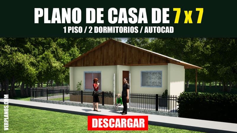 Plano de casa prefabricada de 7 x 7 metros con 2 dormitorios