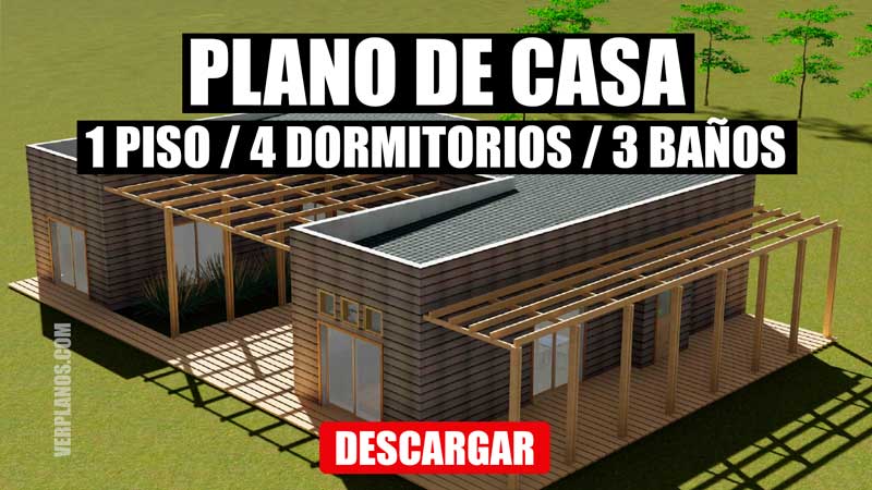 Plano de casa de campo con medidas de 4 dormitorios