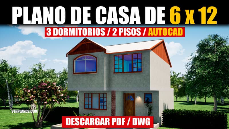 Plano de casa de 3 dormitorios y 2 pisos con medidas en AutoCAD