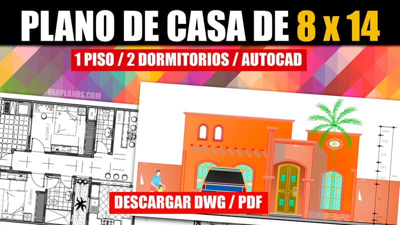 Plano de casa de 1 piso con 2 dormitorios en AutoCAD con Medidas