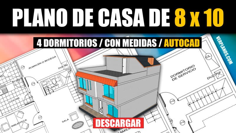 Plano de casa de dos pisos de 8 x 10 con medidas en AutoCAD