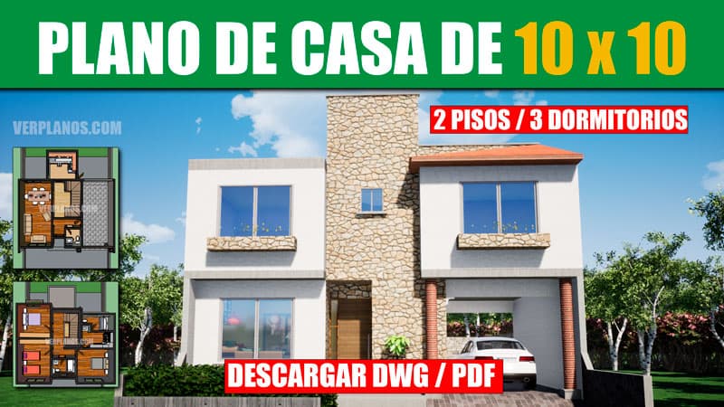 Plano de casa de 3 habitaciones y 2 pisos con medidas