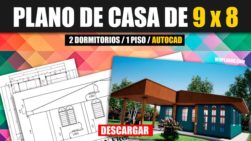 Plano de casa económica de 9 x 8 metros con 2 dormitorios
