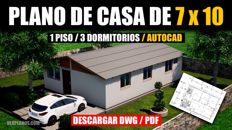 Plano de casa con medidas de 3 dormitorios y 74 m2