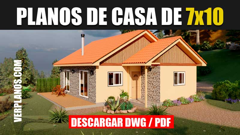 Plano de casa de 1 piso con 2 dormitorios y 1 baño en Autocad y PDF