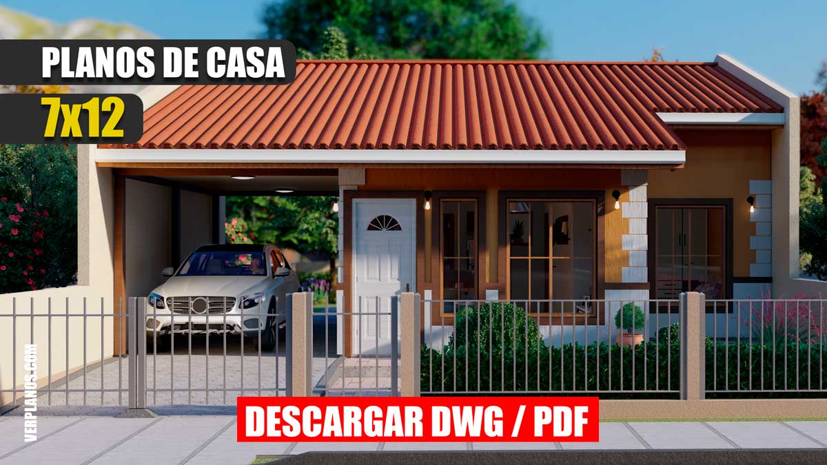 Plano de casa económica de 1 piso y 2 dormitorios con 1 baño estacionamiento y terraza en autocad y pdf para descargar gratis