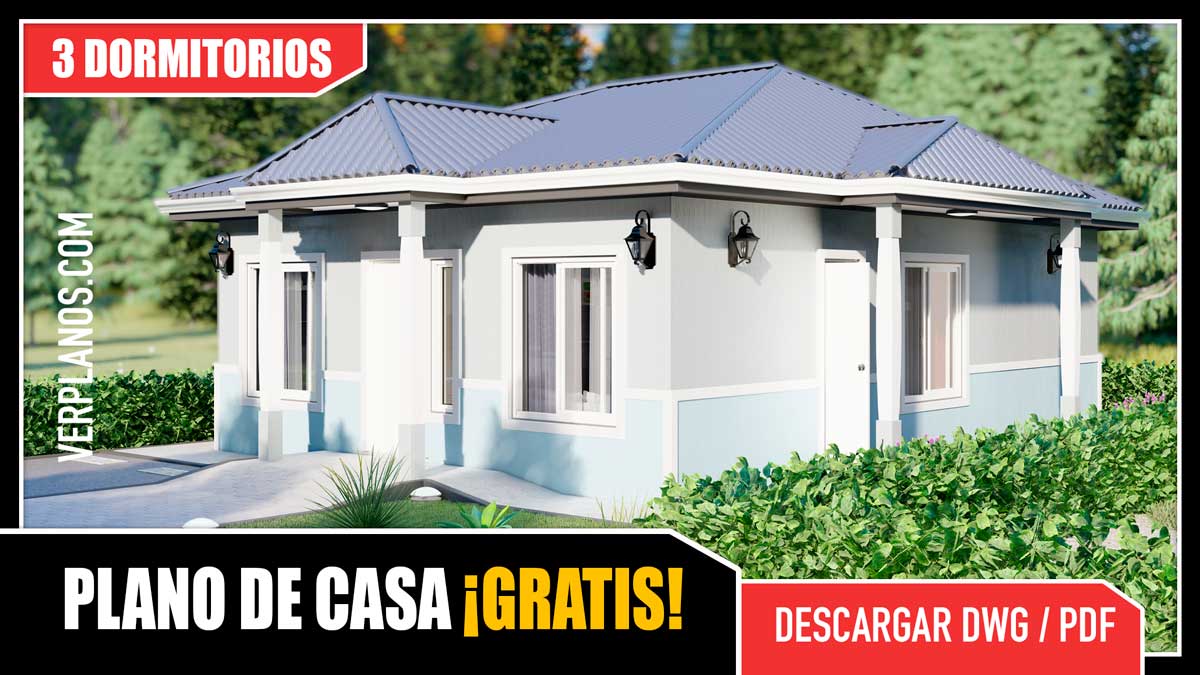 Planos de Casa económica y pequeña de 1 piso con 3 dormitorios en formato DWG y PDF para descargar