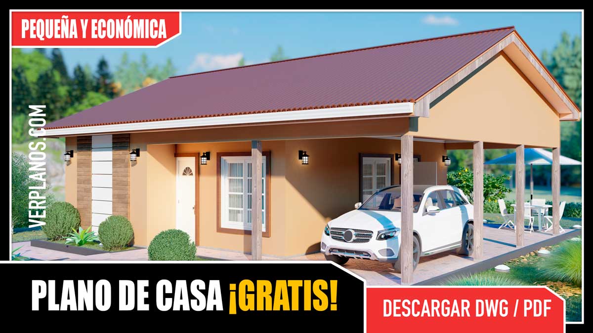 Planos de casa pequeña y económica de 1 piso con 2 dormitorios y 1 baño en formato DWG para Autocad y PDF