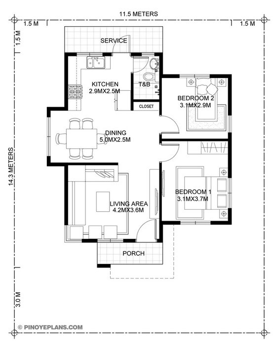 plano de casa de 1 piso con medidas 2 dormitorios