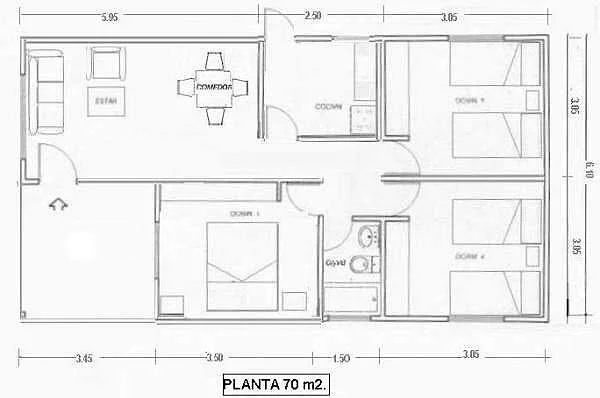 plano de vivienda prefabricada de 1 piso y 3 dormitorios