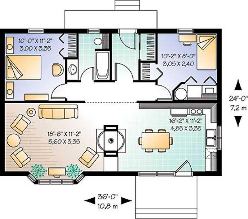 vista plano de casa de 2 dormitorios con medidas