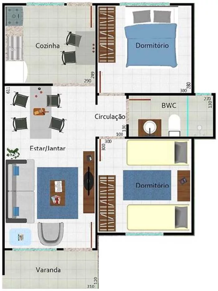 Plano de casa moderna de 1 piso y 2 dormitorios