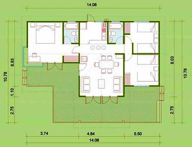 plano de casa prefabricada o cabaña de 1 piso con medidas gratis