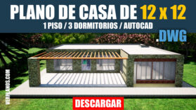 Plano de casa de 1 piso con tres dormitorios en autocad con medidas para descargar