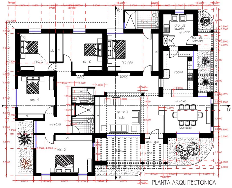 Plano de casa de campo con 5 dormitorios de 1 piso