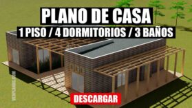 Plano de casa de campo 1 piso, 4 dormitorios y 3 baños