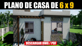 Plano de casa de 1 piso y 2 dormitorios en dwg y pdf con medidas