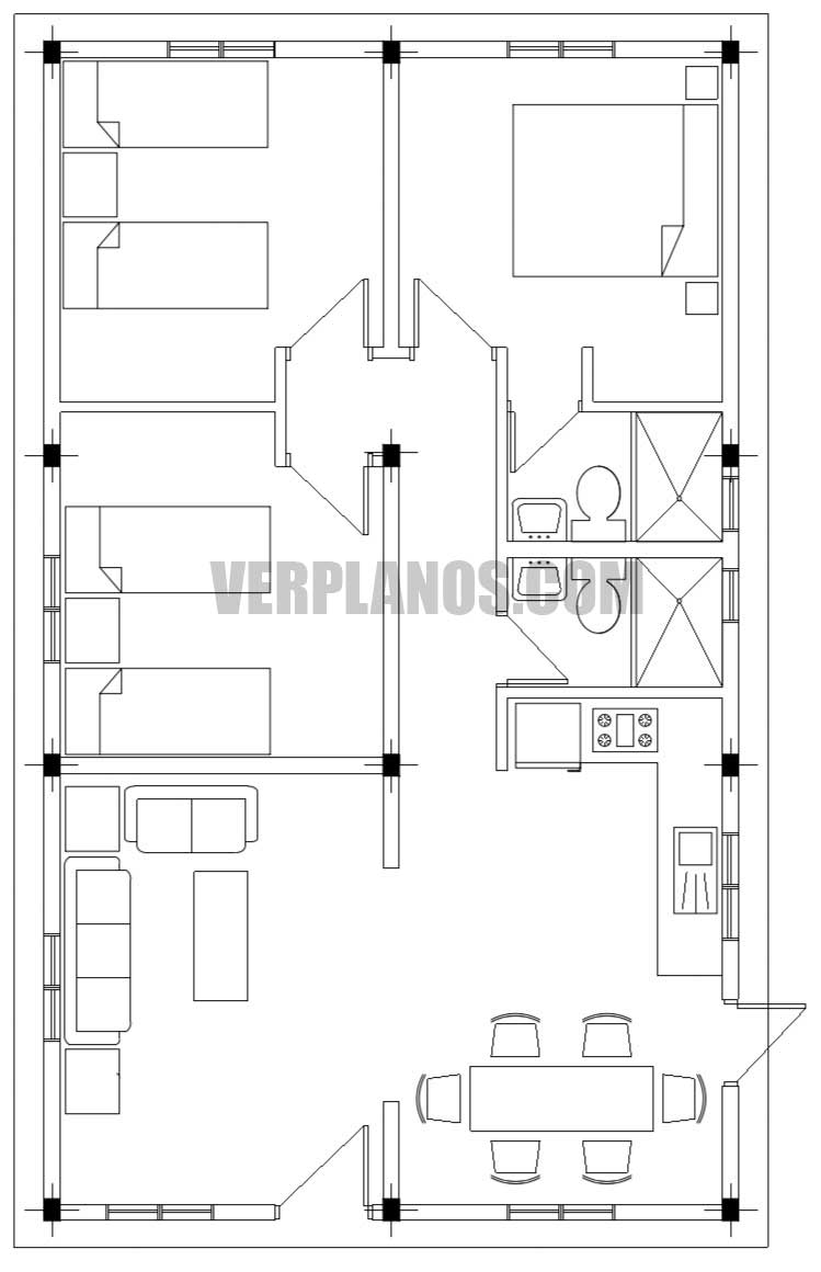 vista previa plano de casa de 1 piso con medidas descargar dwg gratis pdf