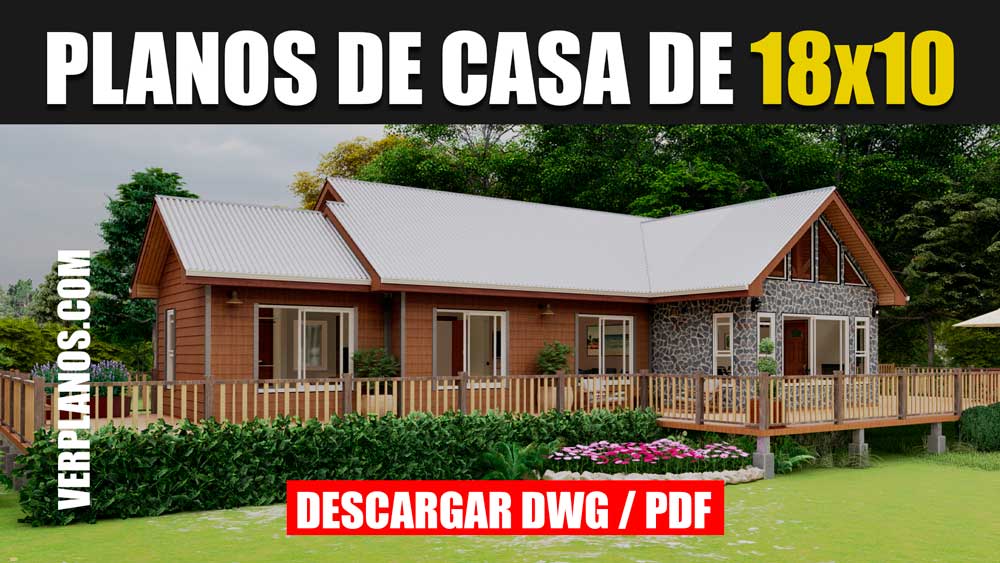 Plano de casa de campo de 1 piso con 4 dormitorios 2 baños en DWG para Autocad y PDF ¡GRATIS!