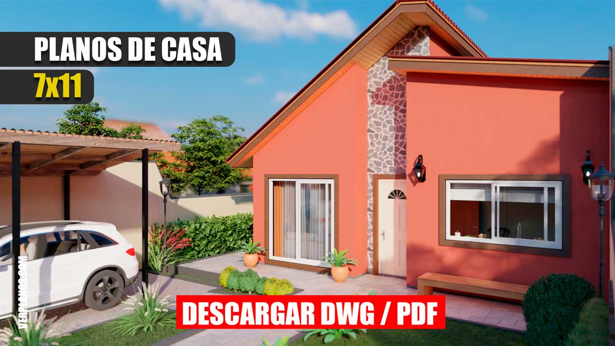 Planos de casa económica y pequeña de 1 piso con 2 dormitorios y 2 baños en formato DWG para Autocad y PDF