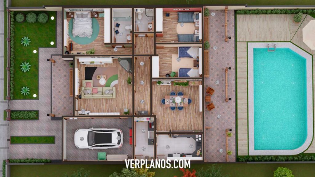 Descargar Planos de Casa de Campo con 3 Habitaciones ︎ (DWG / PDF)