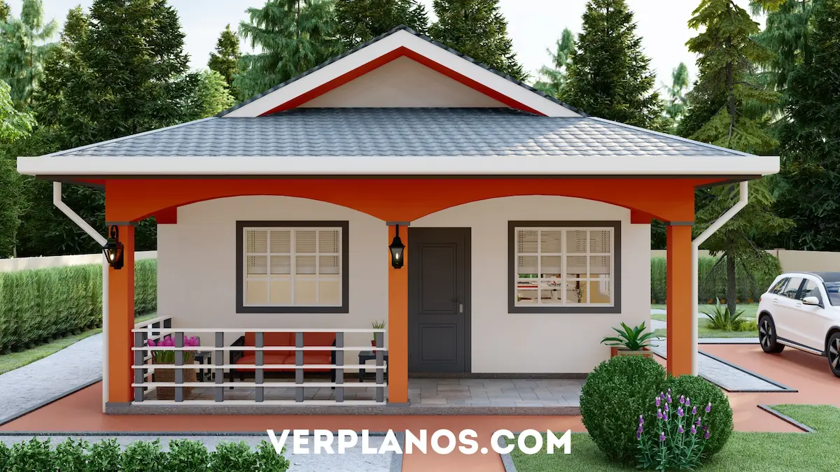 Vista frontal fachada principal plano de casa económica y pequeña para descargar de 2 dormitorios en DWG y PDF