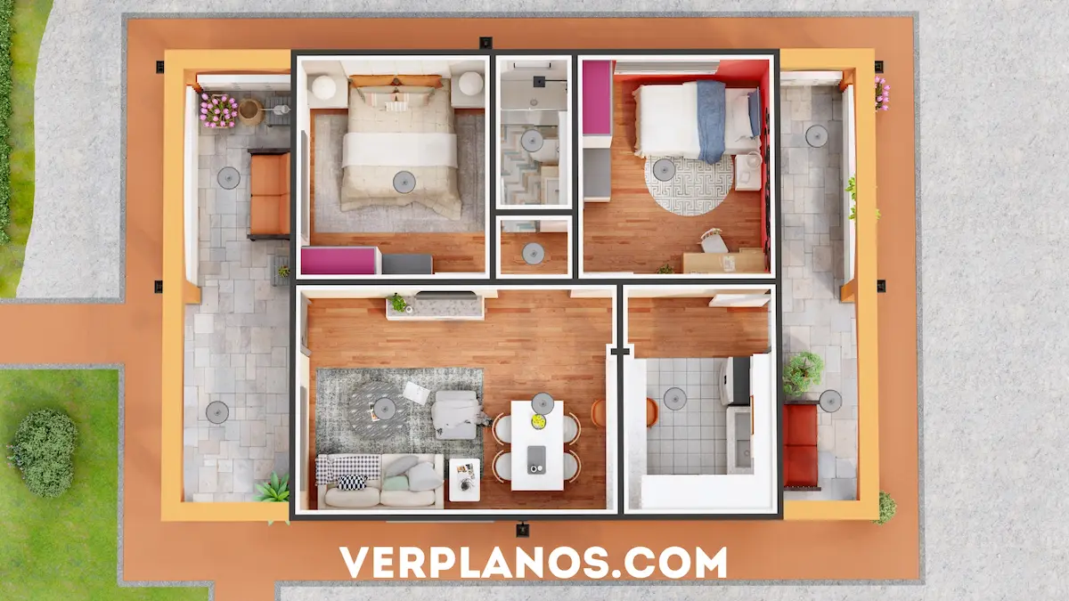 Vista en planta plano de casa económica y pequeña para descargar de 2 dormitorios en DWG y PDF